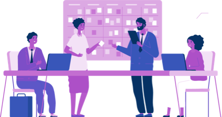 Coloured graphic of four people interacting in an office