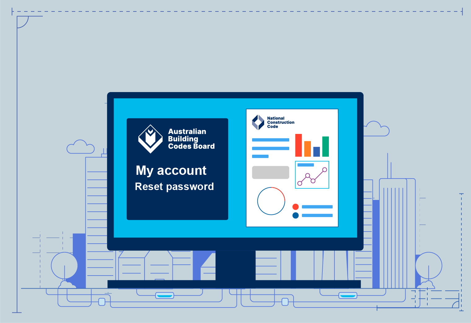 Computer screen with illustration of a cityscape behind it on a light grey background